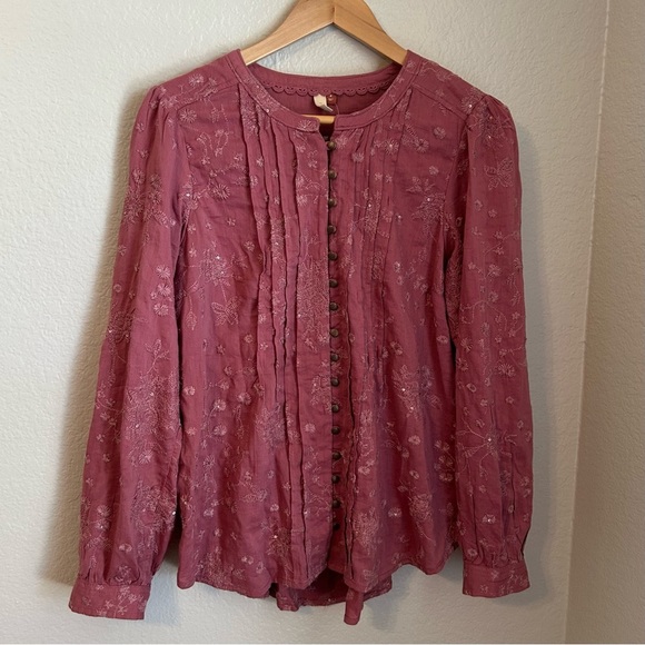 NWT, Pilcro x Anthropologie Jolie Pintucked Embroidered Sequin Blouse Rose, M - Picture 1 of 11
